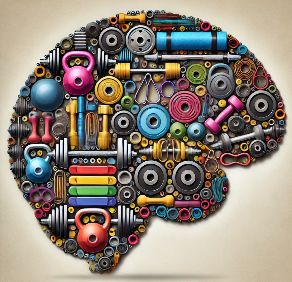 A silhouette of a brain filled with weights and other exercise equipment showcasing the connection between mental and physical health.