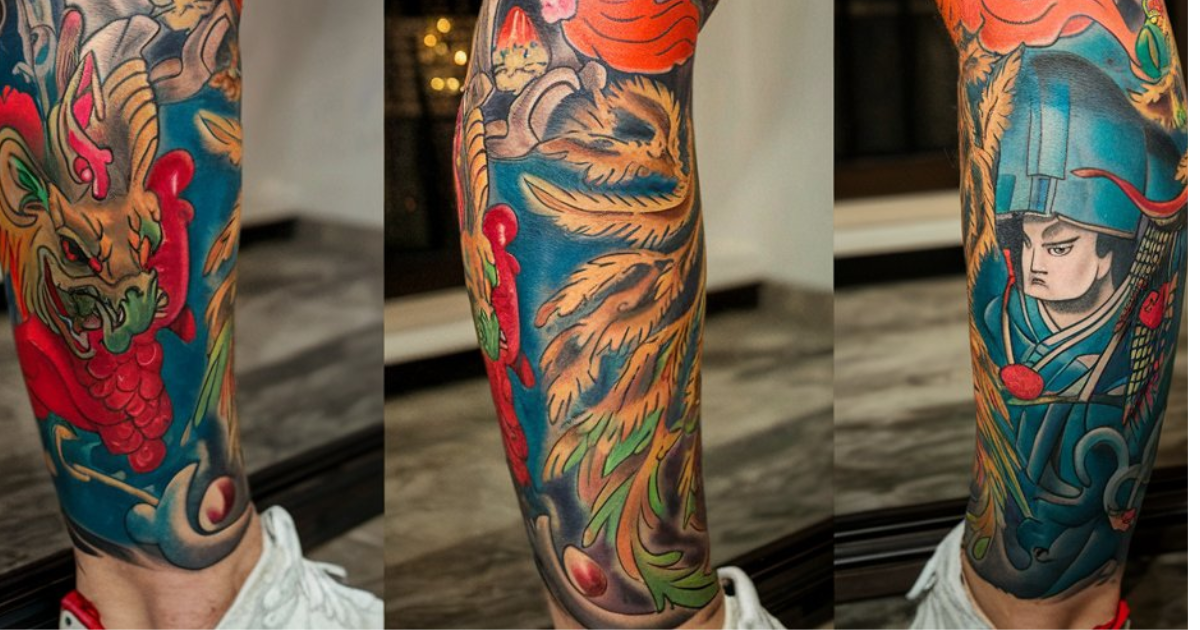 A detailed leg tattoo featuring a woman with a dragon intricately designed on her arm, showcasing artistry and strength.