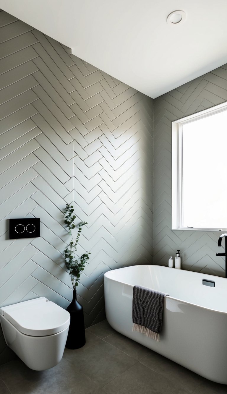 A modern bathroom with chevron shiplap pattern walls, a sleek bathtub, and minimalist decor