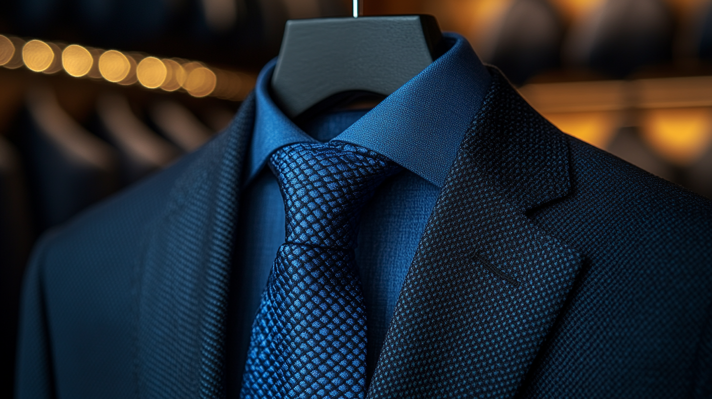 A close-up image of a navy blue tie neatly hung on a hanger, adding a subtle pop of color to a black suit. The tie looks professional and polished, ideal for business settings. Soft lighting emphasizes its sophisticated tone. Ultra-detailed, 8K resolution.