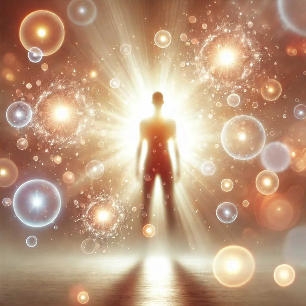 A person standing confidently, surrounded by soft, glowing orbs representing positive energy and affirmations. The person exudes calm and empowerment, with the glowing orbs floating gently around them. The background is bright and warm, symbolizing motivation, inner strength, and the uplifting power of positive reinforcement.