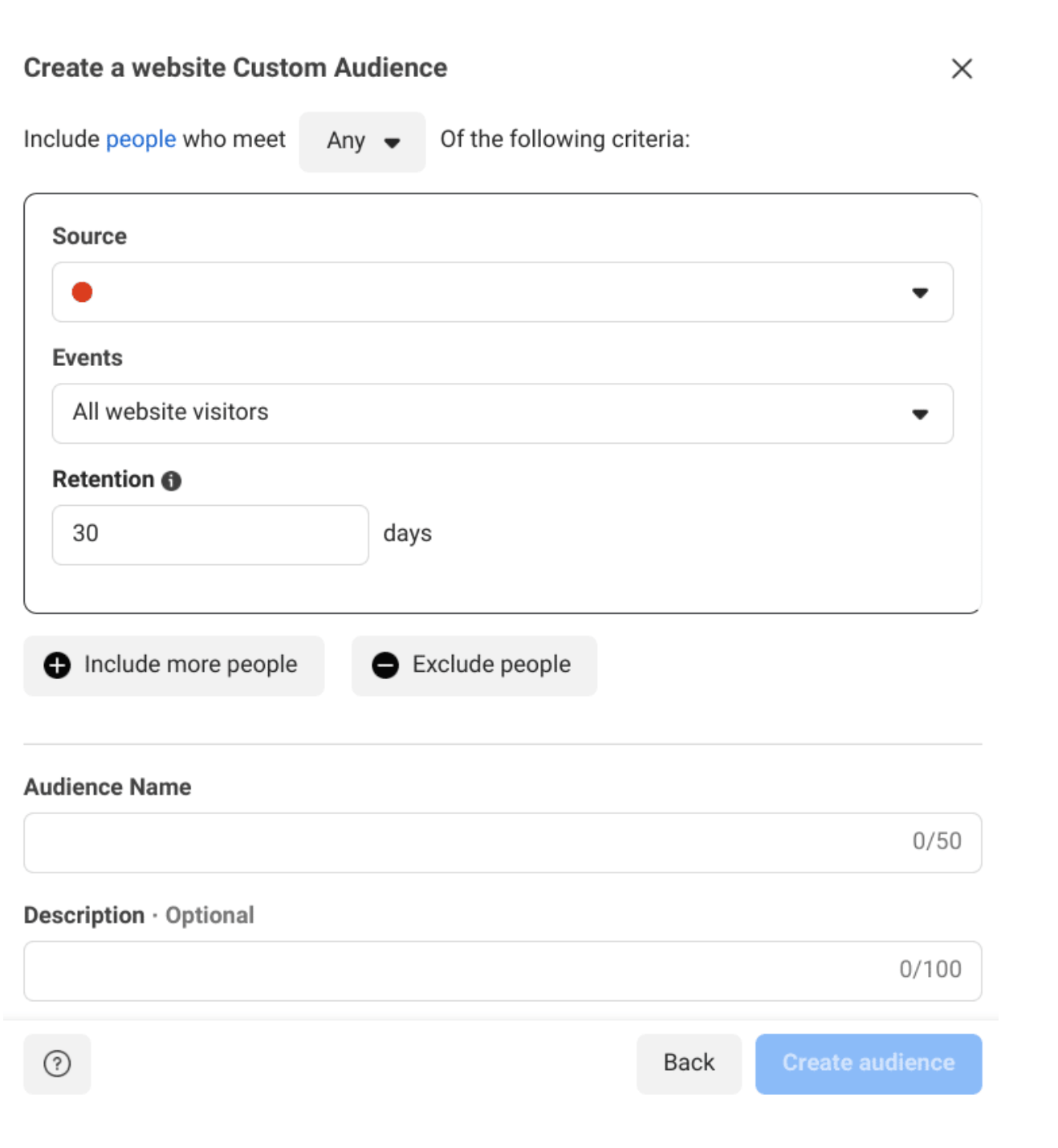 Custom Audience settings from Website, where you decide which people to retarget