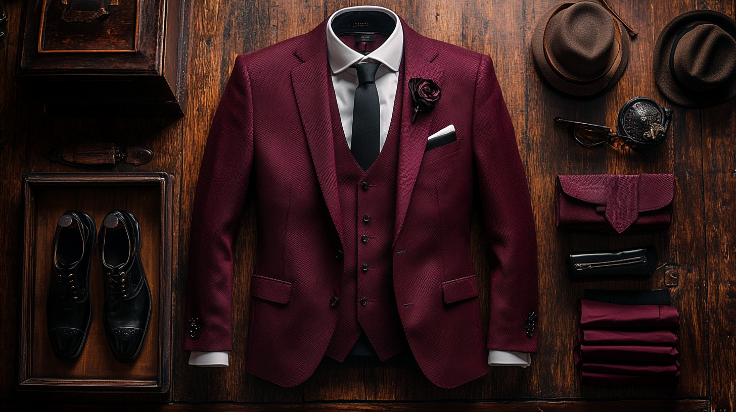 A deep burgundy suit, neatly displayed with a white shirt and black accessories, folded neatly on a textured wooden surface. The rich burgundy color contrasts beautifully with the warm lighting, creating a cozy and luxurious vibe perfect for a fall or winter wedding.