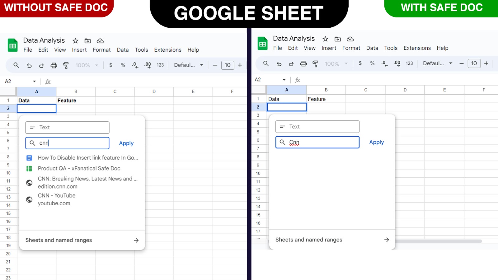 Safe Doc blocks the Insert Link feature in Sheet.