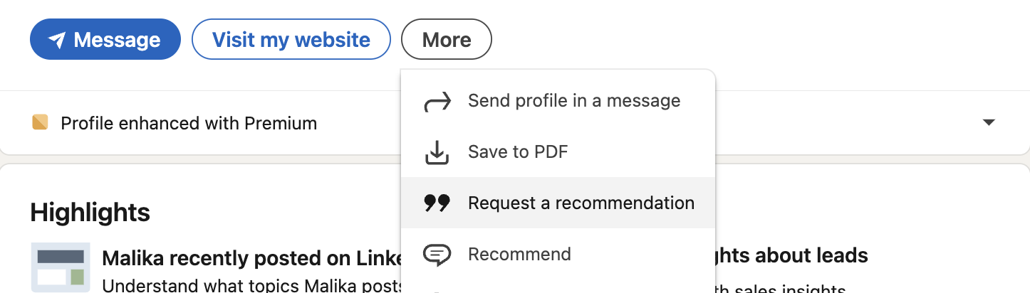 Раздел Рекомендаций LinkedIn 