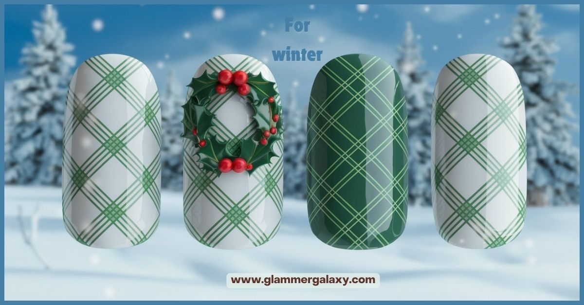 Four seasonal nail designs with dark green patterns displayed against a snowy background.