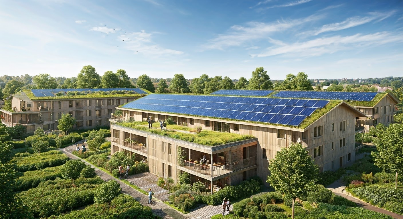 Sustainable apartment building with green roofs.