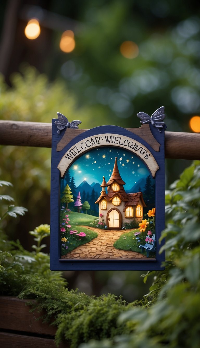 A colorful fairy welcome sign hangs on a wooden fence in a lush backyard garden, surrounded by whimsical fairy houses and twinkling lights