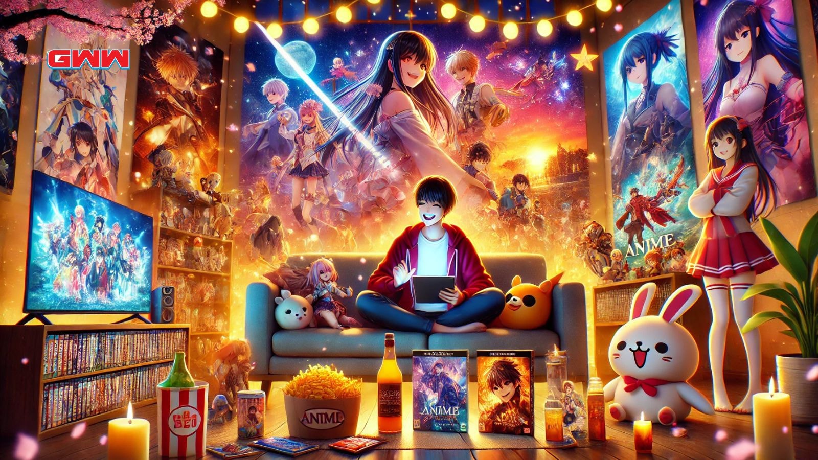 A vibrant and immersive scene capturing the joy and excitement of anime fans using a streaming platform.