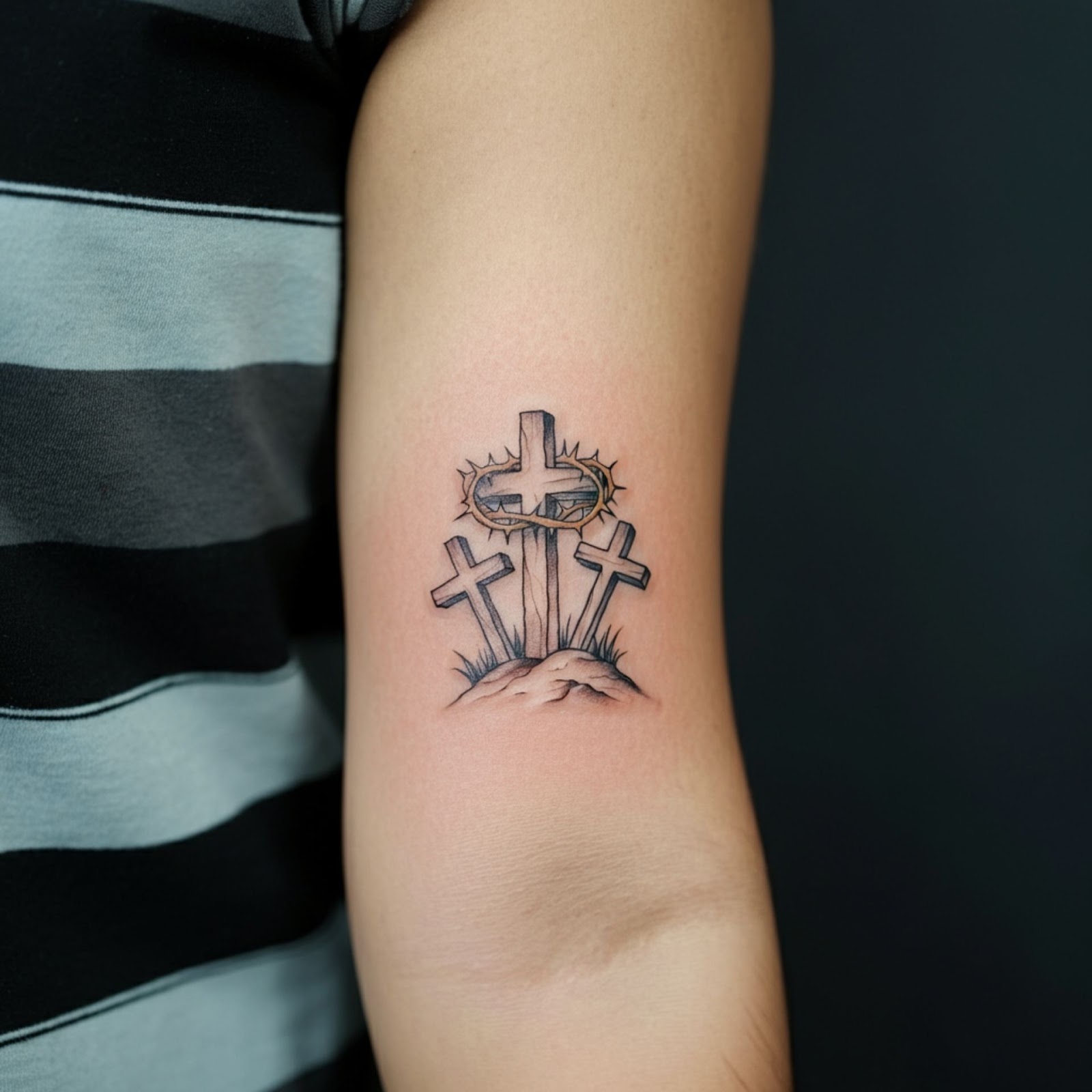 Three Crosses on a Hill with a Crown of Thorns Tattoo