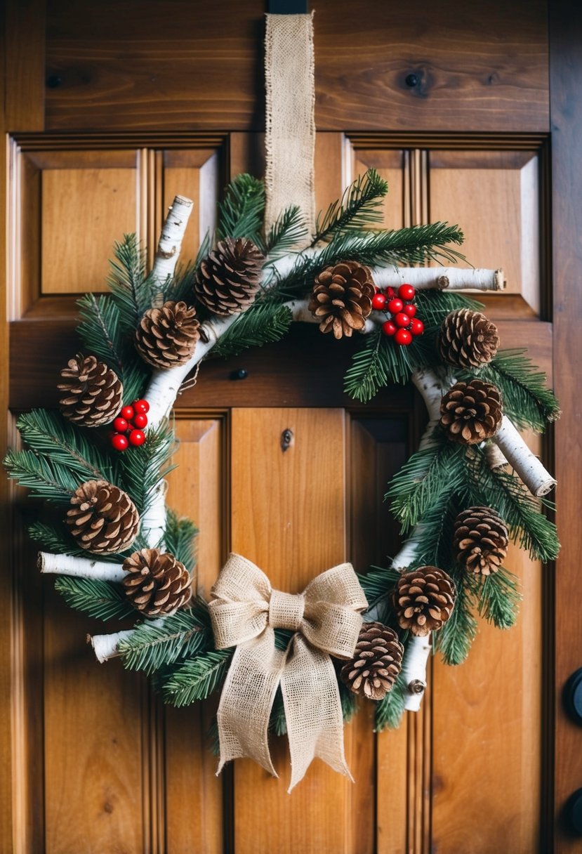 A rustic birchwood wreath adorned with pinecones, red berries, and a burlap bow, hanging on a wooden door