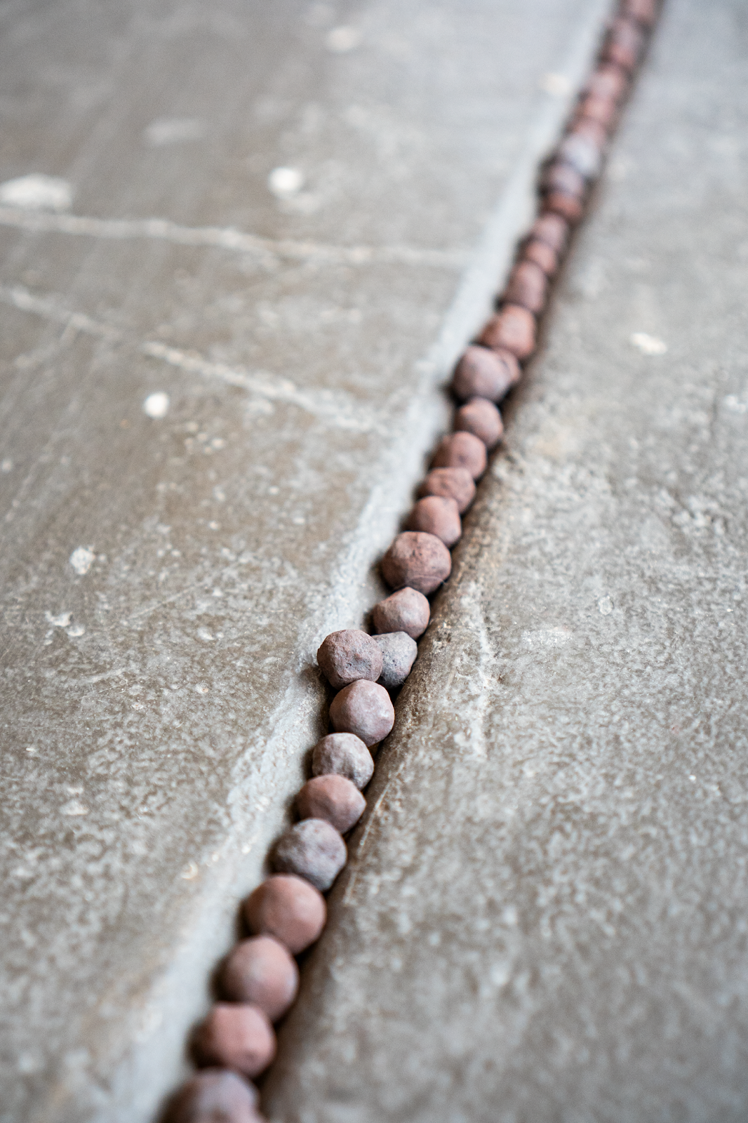 Image: D Rosen, Artery (detail), 2024, 5 lbs of iron pellets, 144 x 0.5 in., 365.76 x 1.27 cm, Circular iron pellets are nestled in a vertical crack in a gray concrete floor. Photo: Levi Shand, Grant: DCASE, 2024