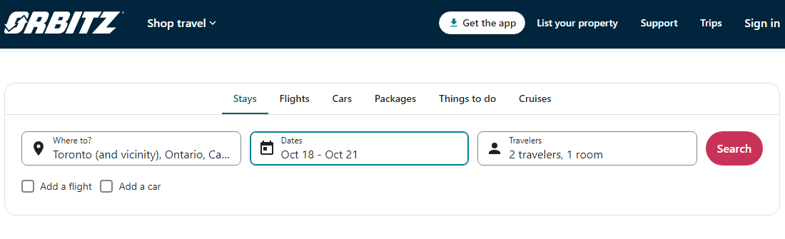 Enter your destination, dates, number of travelers