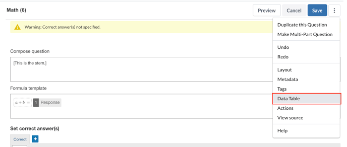 Adding a data table from the three-dot menu