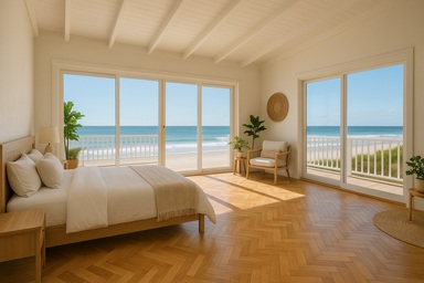 casa al mare molto luminosa con parquet e finestre che si affacciano sulla spiaggia