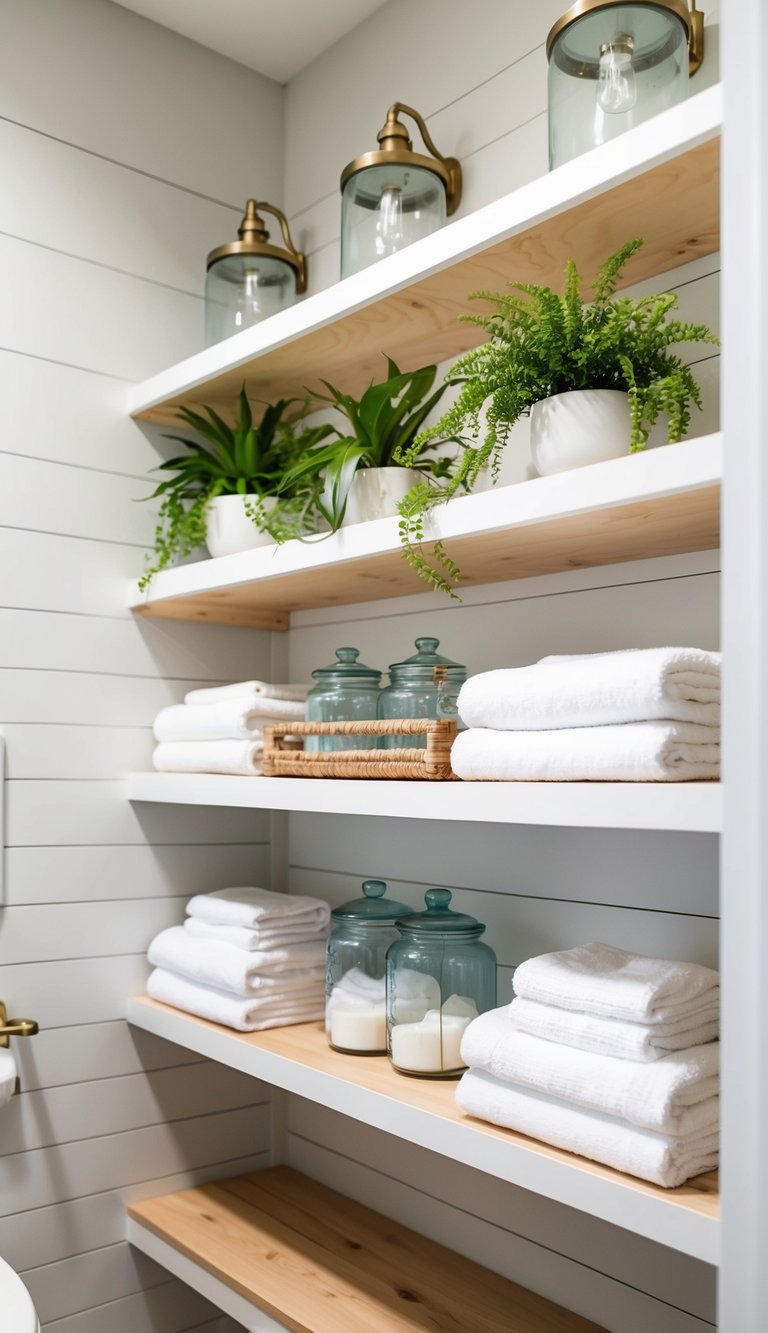 Open shelving with shiplap in a modern, bright bathroom. Glass jars, plants, and neatly stacked towels adorn the shelves