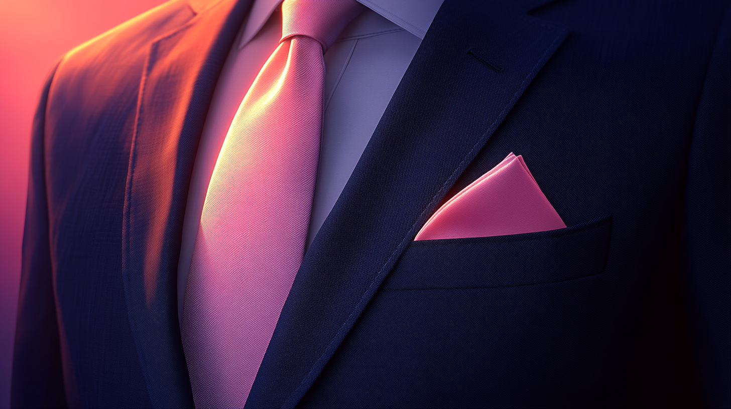 A simple white, grey, or pink pocket square neatly folded and placed in a suit pocket. The fabric is smooth, with soft lighting highlighting its clean lines. It stands out subtly against the navy suit, adding a touch of sophistication.