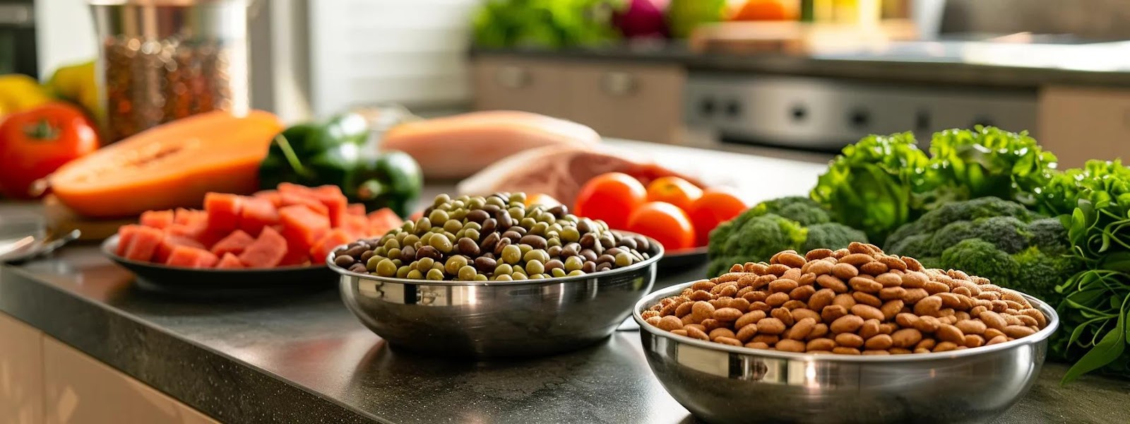 a sleek, modern kitchen countertop showcases an array of vibrant, high-quality cat food ingredients—rich proteins, colorful vegetables, and shiny supplements—arranged artfully to emphasize the theme of nutritious choices for feline health.
