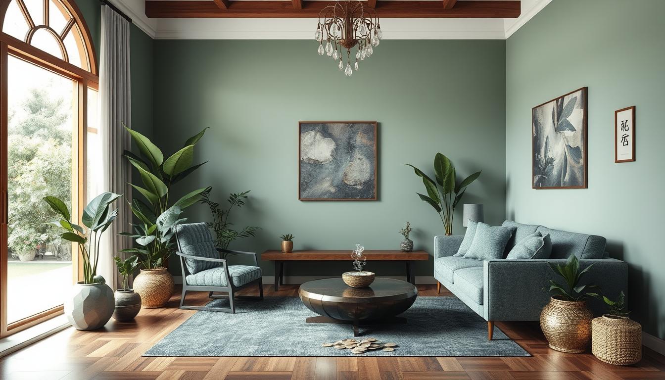 An image of a room with elements of feng shui that promote financial flow. The room should have natural light and plants to represent growth and positivity. The colors used should be deep greens, blues, and purples to signify abundance and prosperity. Add a fountain or a flowing water feature to represent wealth flowing into the space. The furniture should be arranged in a way that promotes clear energy flow and invites abundance into the space. Finally, incorporate symbols of wealth and prosperity such as coins and crystals throughout the room.