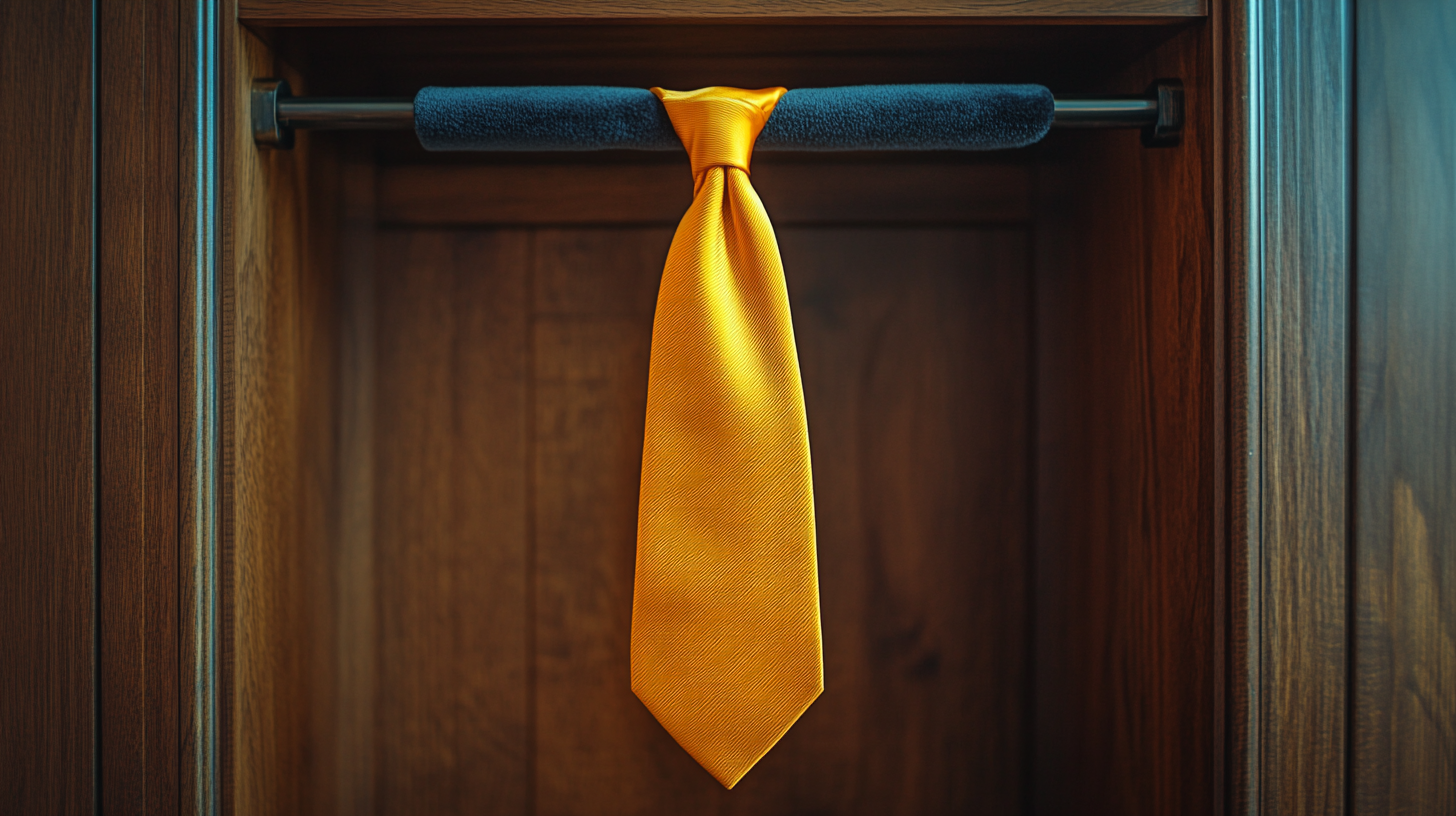 A bright yellow tie hanging inside a modern wooden wardrobe. The vibrant fabric drapes smoothly over a velvet hanger, catching soft ambient light that enhances its warm tone. Dark wooden panels create contrast, giving the scene a stylish and balanced look. The background stays neutral to keep focus on the tie.