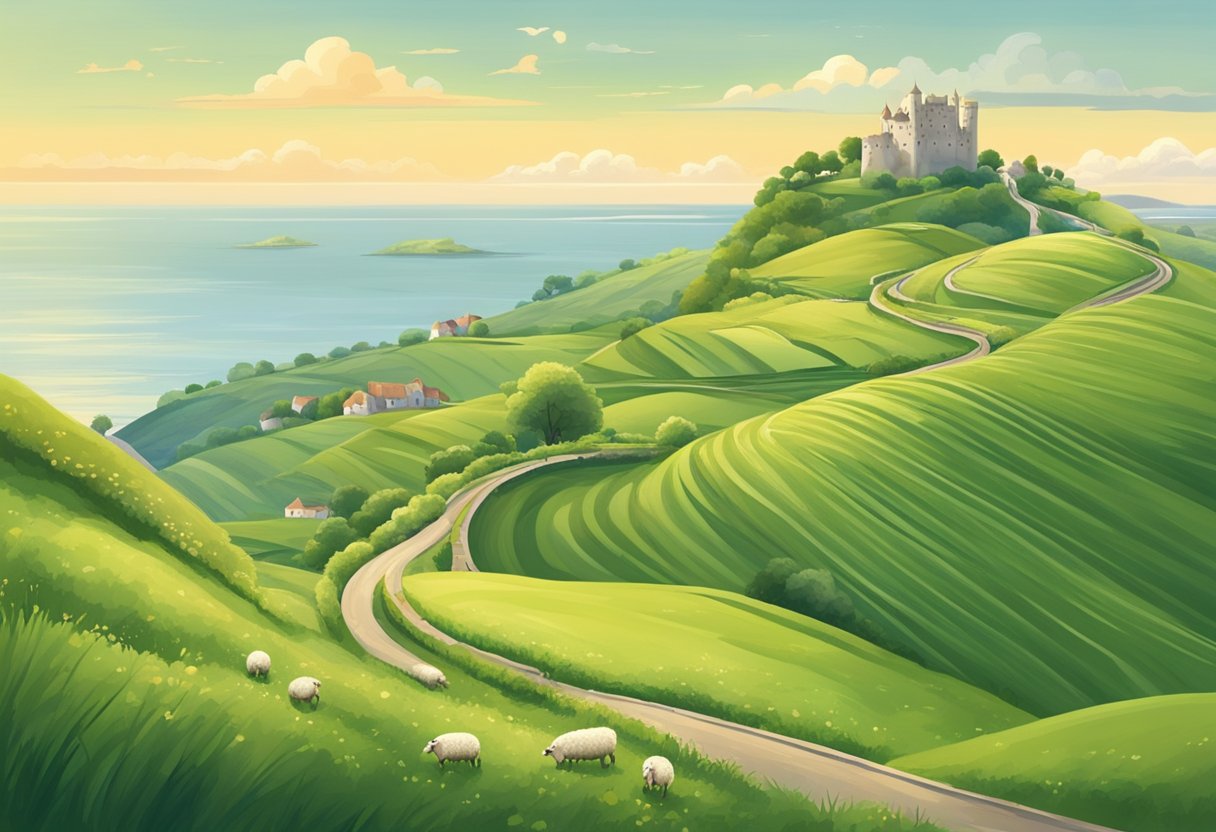 Rolling green hills dotted with sheep, a winding road leading to a quaint village, and a castle perched on a cliff overlooking the sea