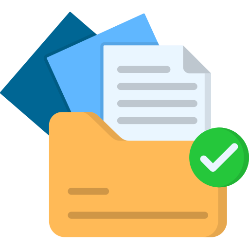 A colorful icon of a yellow file folder with three documents peeking out. The documents are each a different shade of blue. There is a green circle with a white check mark at the right-hand side.