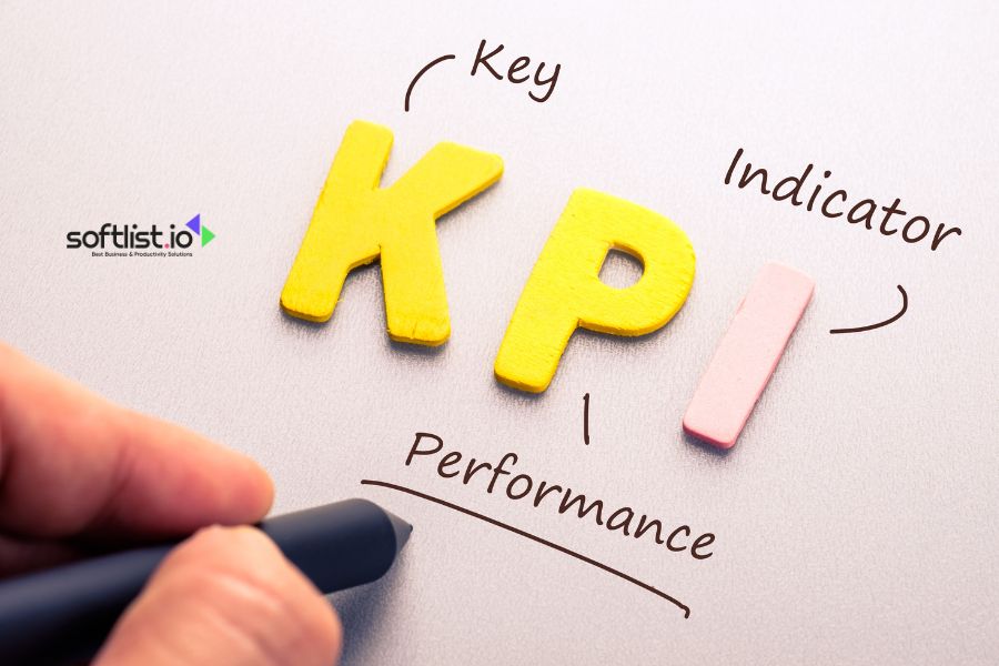 Handwriting explaining KPI: Key Performance Indicator with "softlist.io" logo.