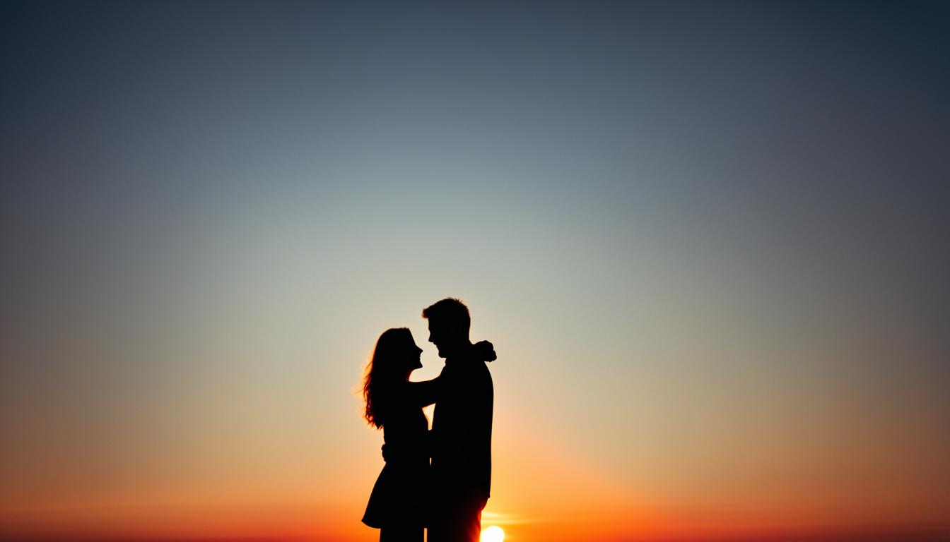 A silhouette of two people standing on a beach at sunset, with the sun setting behind them and the flame of a bonfire in front of them. The couple is holding hands and staring into each other's eyes, with a sense of love and desire between them. The image should evoke a sense of warmth, passion, and nostalgia, as if the couple is reliving an old memory or creating a new one.