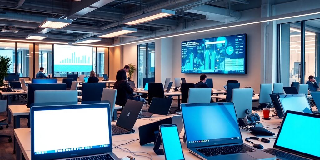 Modern office with technology representing fintech innovations.