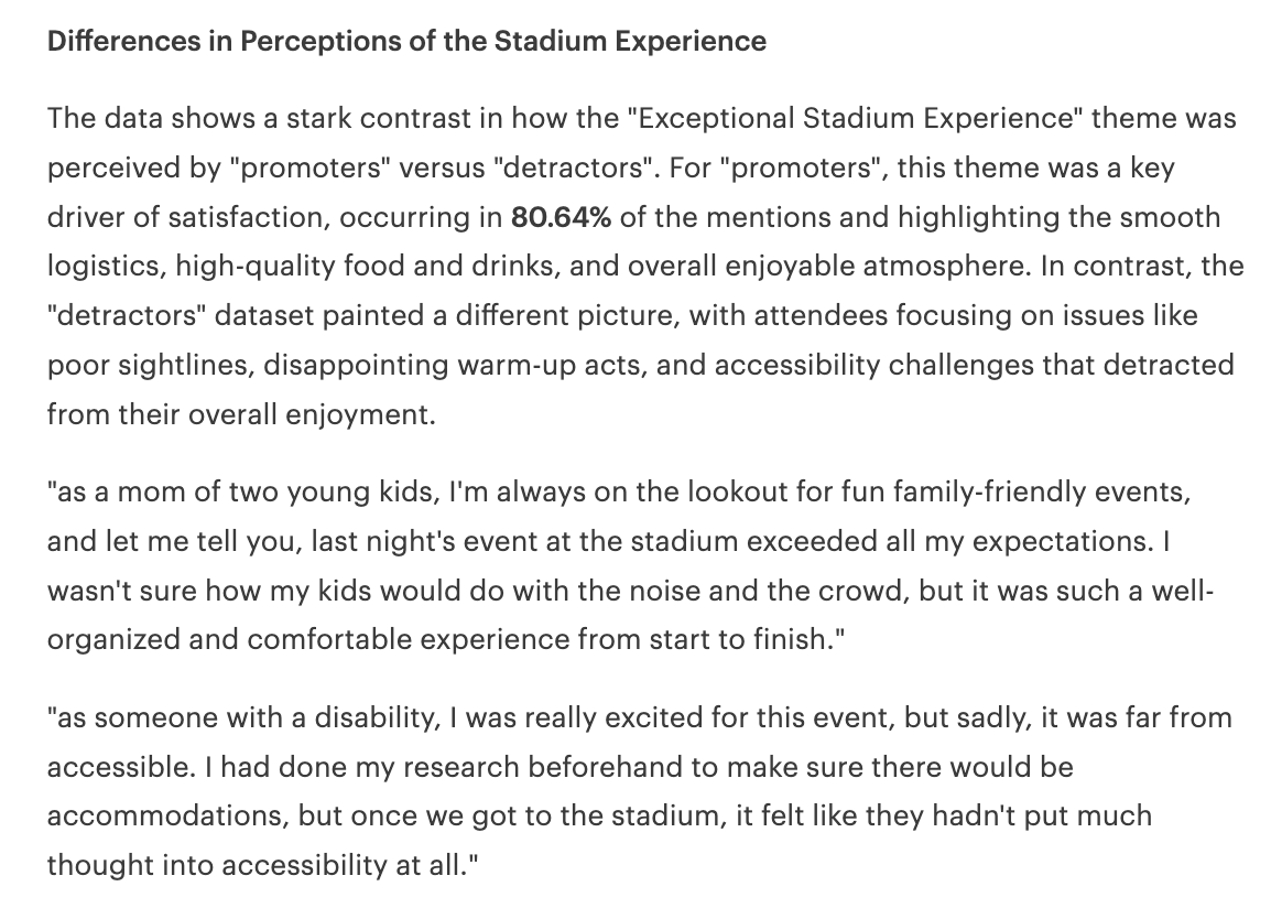 Comparison summary in Accelerator AI, talking about stadium experience 