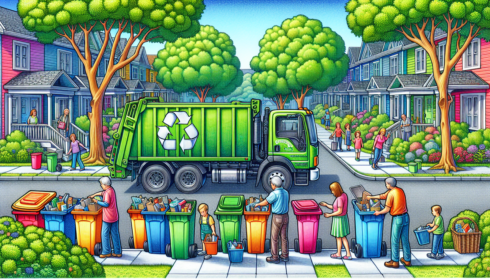 An illustration of recycling collection services with a recycling truck and bins.