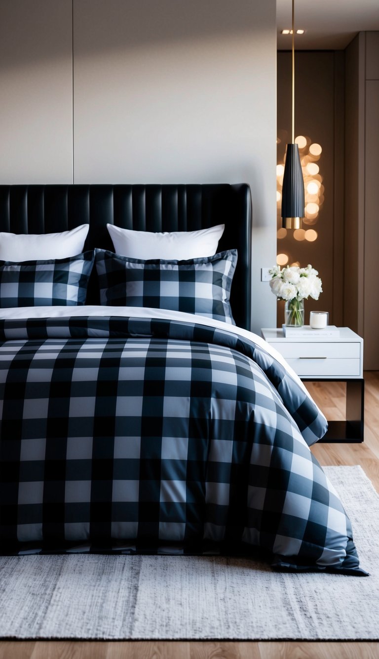 A cozy bed with black and gray checkered bedding in a modern bedroom with sleek decor