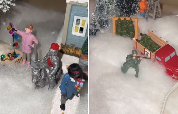 Left image shows a Medieval knight in a Christmas village placed to prank the owner. Right image shows a toy soldier in the village.