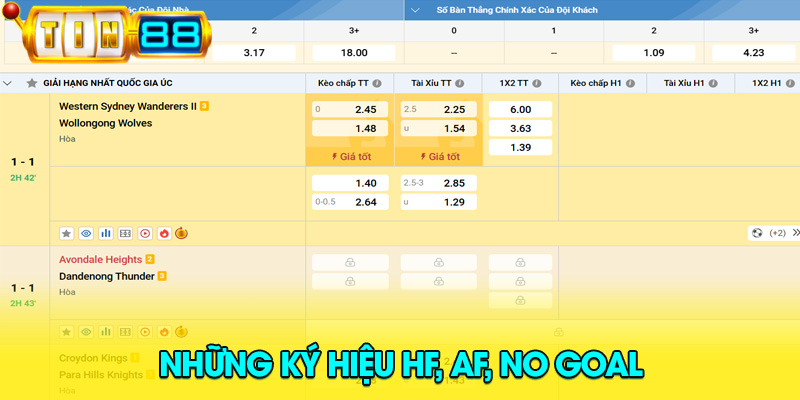 bảng kèo bóng đá có ký hiệu HF, AF và No Goal