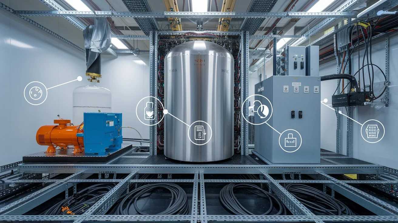 An illustration showing the infrastructure needs for quantum computing, highlighting cooling systems, energy sources, and spatial layouts.