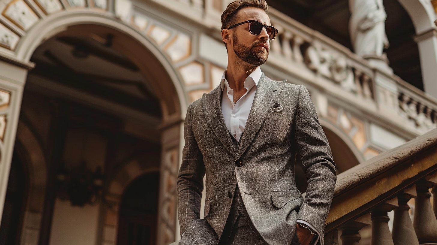Man wearing a classic two-piece suit with matching jacket and trousers, styled for a wedding or business event, clean and professional look with subtle accessories.