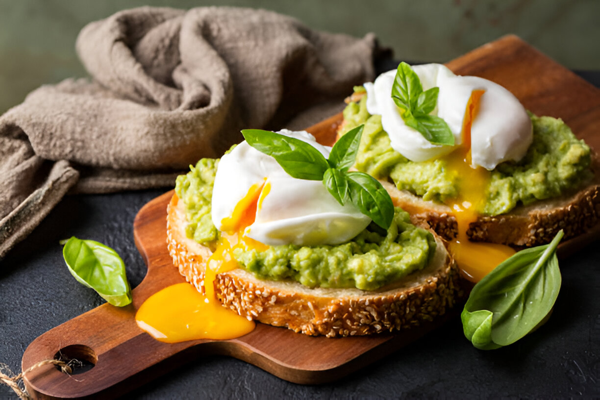 Poached eggs disajikan di atas avocado toast