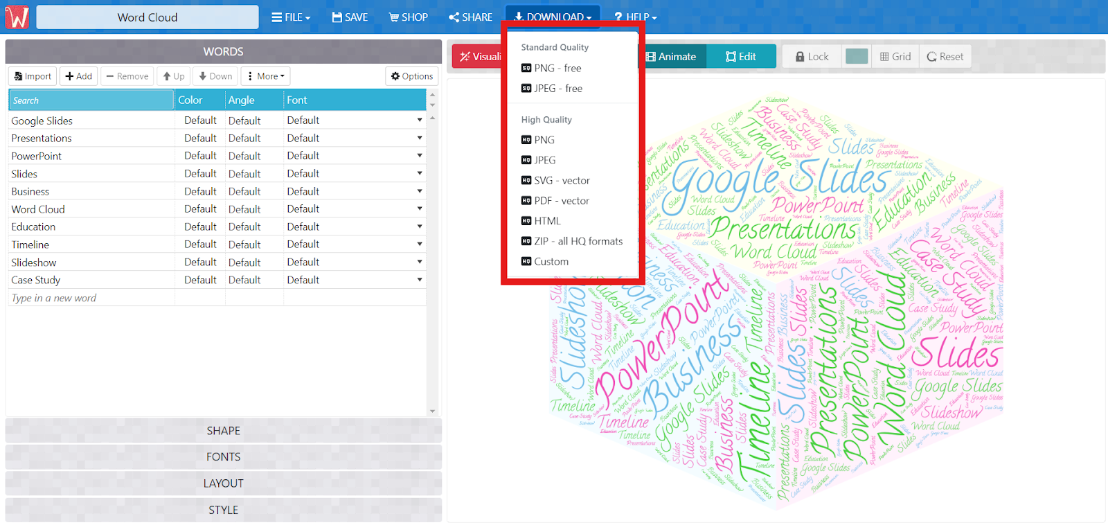 Word Cloud Generator with Download options including Standard Quality and High Quality.