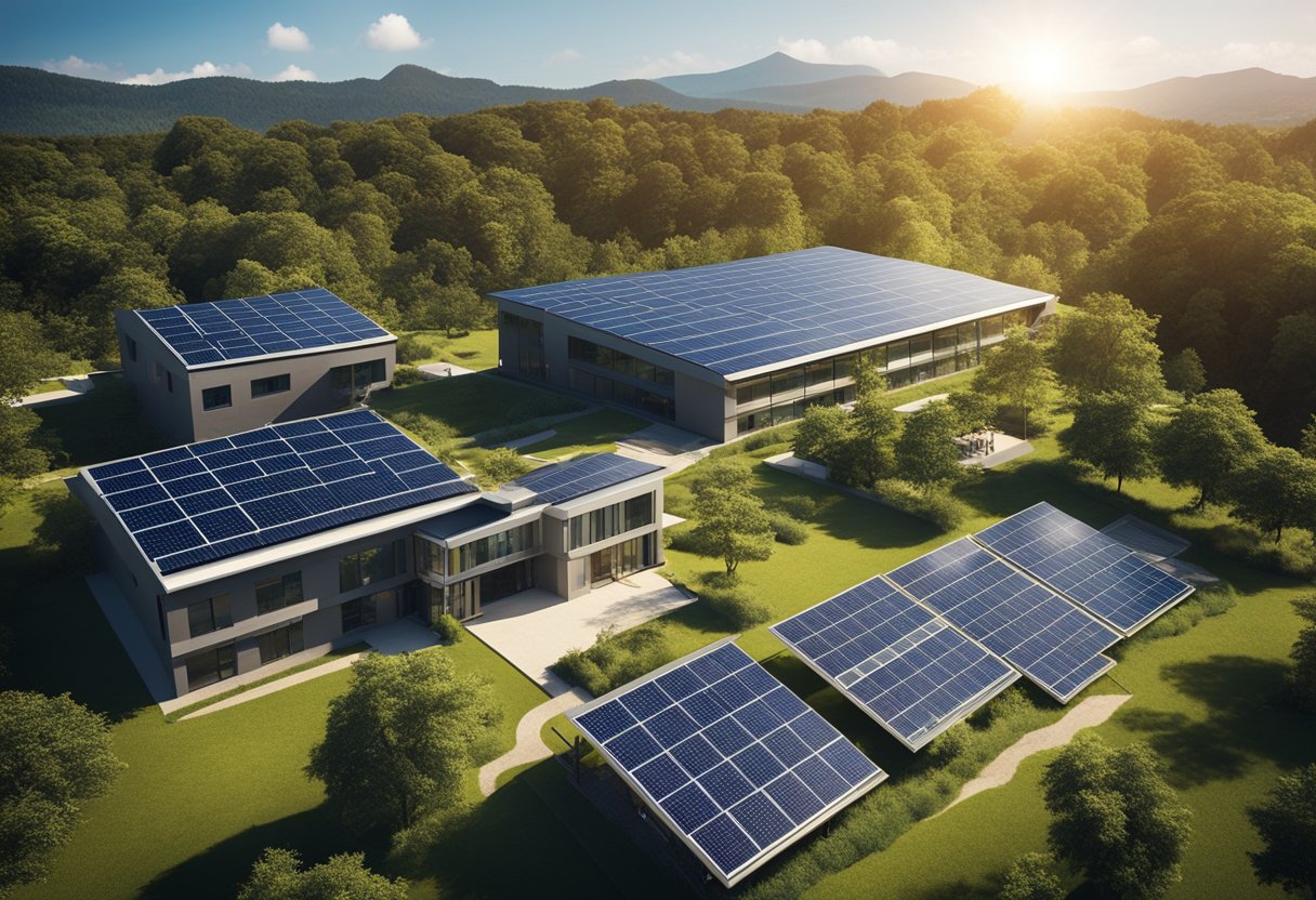 A school building with solar panels on the roof, surrounded by greenery and wildlife, with children learning about renewable energy
