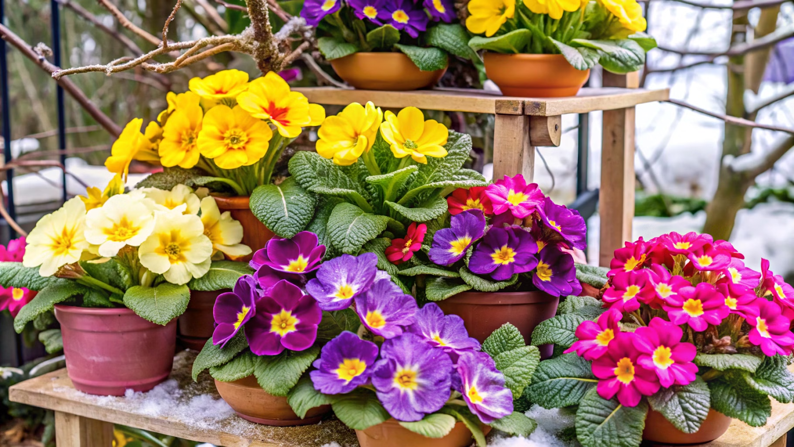 Prímulas coloridas em suporte de plantas decorativo, adicionando cor ao jardim de inverno.