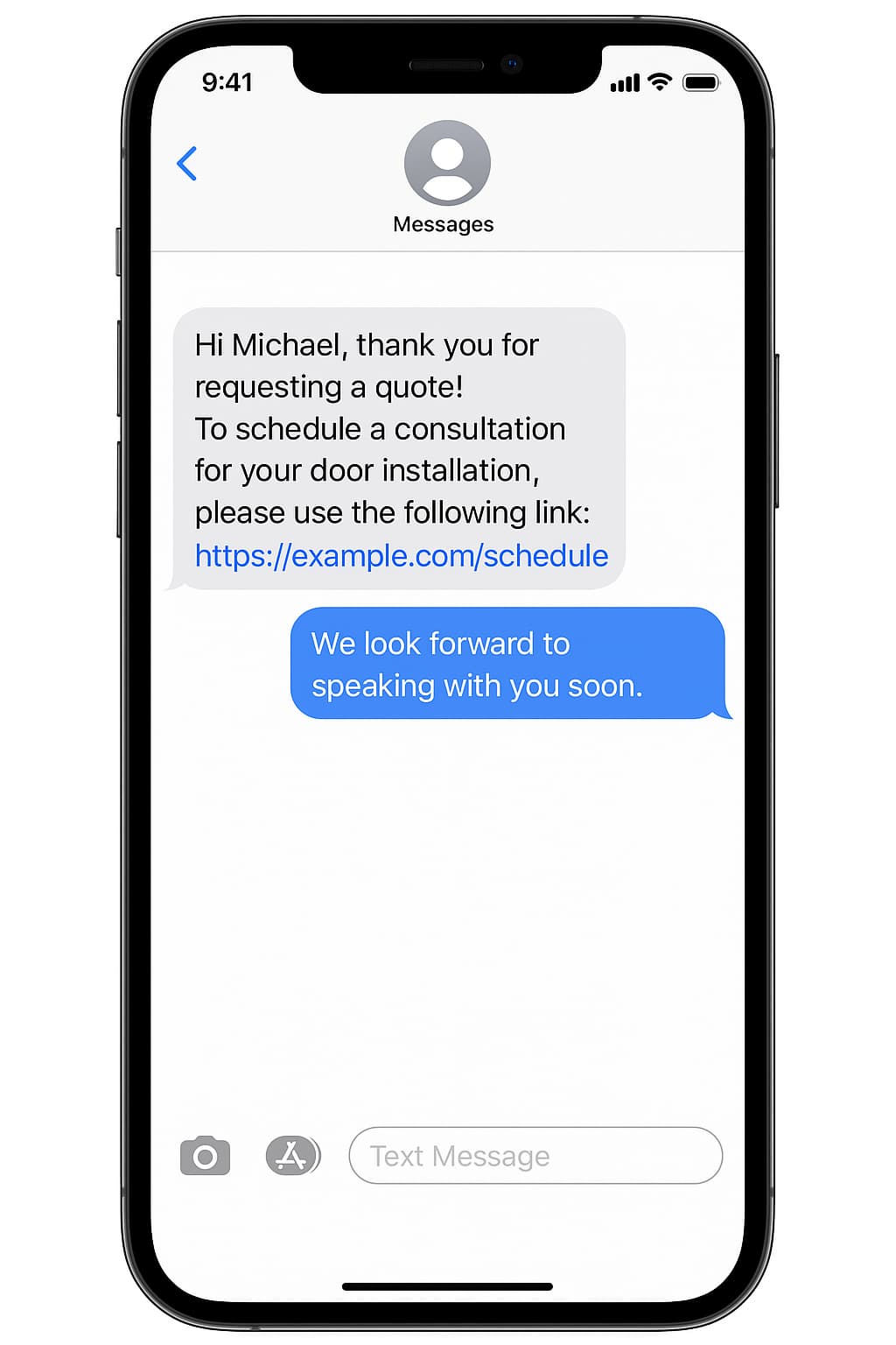 Automated text message templates for exclusive window installation leads and door replacement consultation scheduling.