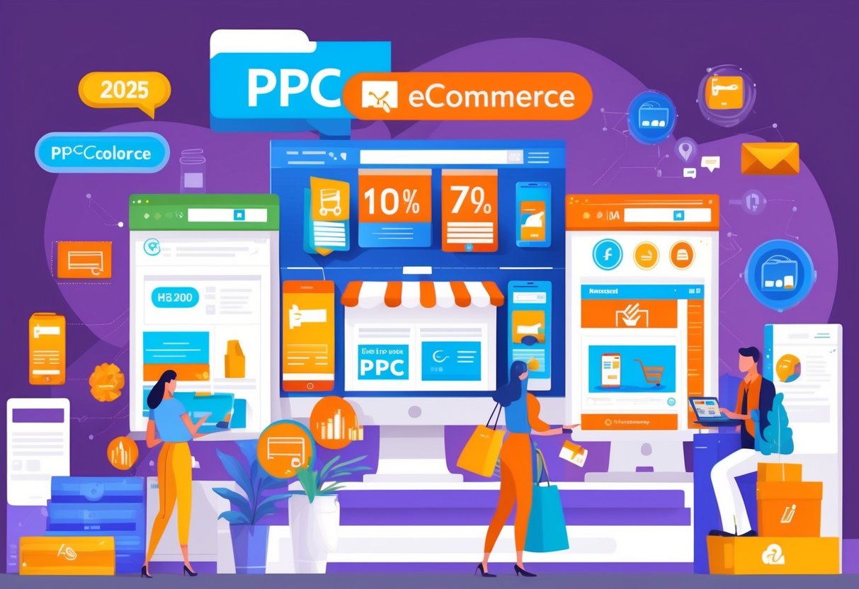 A bustling e-commerce marketplace with various products being advertised and promoted through PPC marketing strategies in 2025