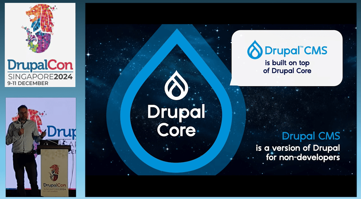 A slide from Driesnote about Drupal CMS being built on top of Drupal core and optimized for non-developers