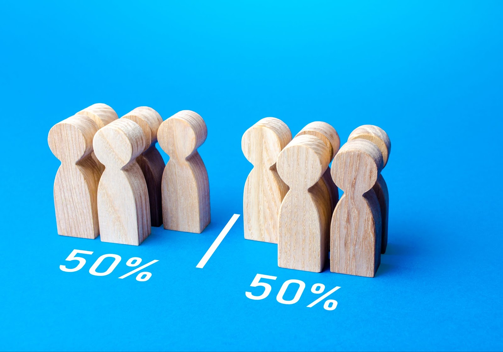 Wooden models of people divided into two sections labeled as “50%.” 