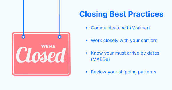  'Closing Best Practices' graphic with a pink sign that says 'We're Closed' on the left. On the right, there are four best practice tips for handling closures: 1) Communicate with Walmart, 2) Work closely with your carriers, 3) Know your must arrive by dates (MABDs), and 4) Review your shipping patterns.