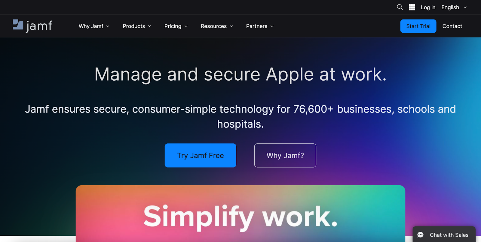JAMF Homepage picture. It says, "Manage and secure Apple at work."