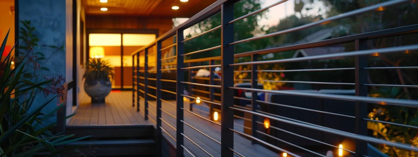 a modern outdoor space showcases a sleek aluminum picket railing, elegantly integrating horizontal cable features and a stylish drink rail, bathed in soft golden hour light, emphasizing both safety and aesthetic appeal.