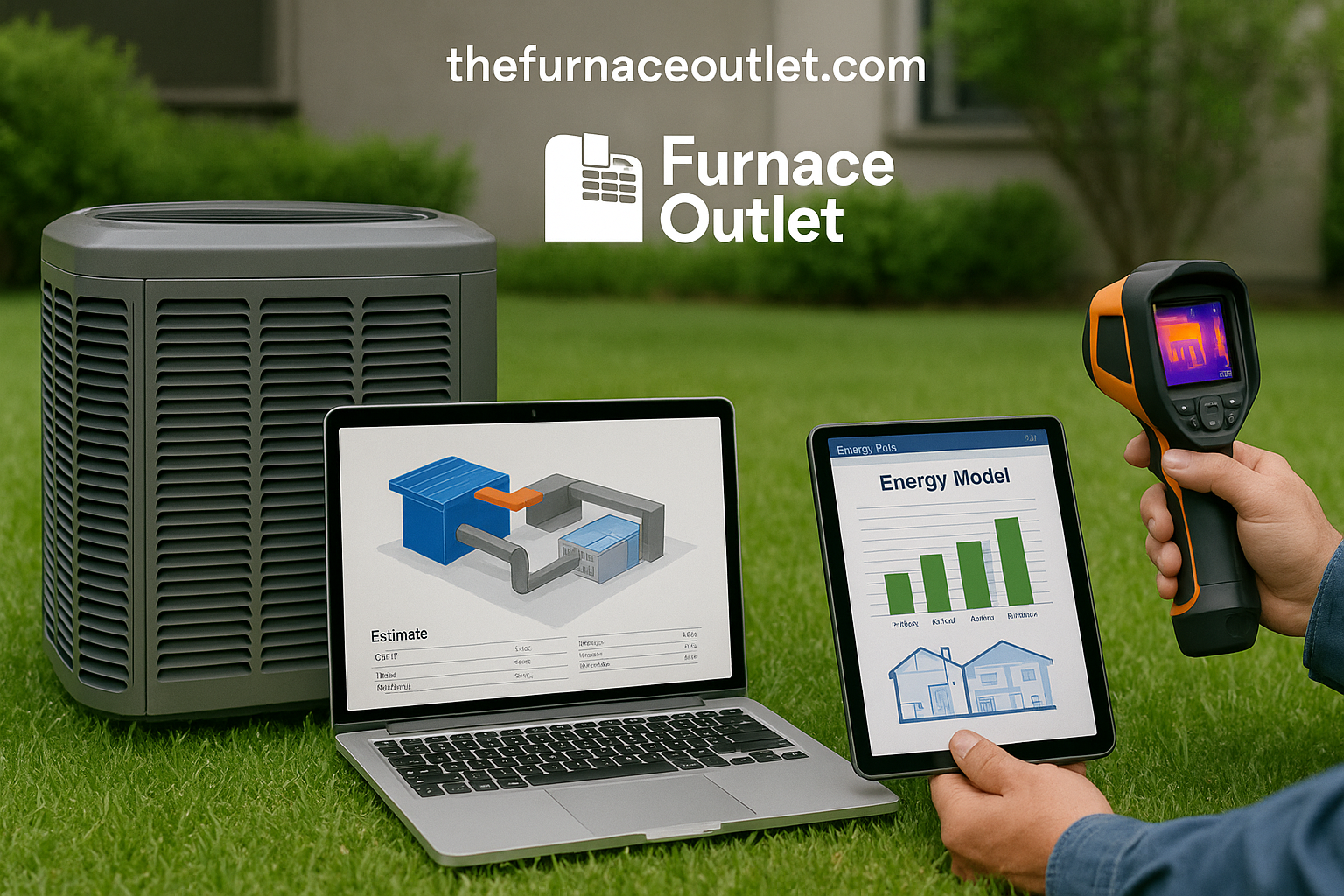 A branded image for The Furnace Outlet showing an HVAC unit next to a laptop with 3D ductwork modeling, a tablet displaying energy modeling graphs, and a technician holding a thermal imaging camera, emphasizing how technology enhances precision and credibility in HVAC project estimation.