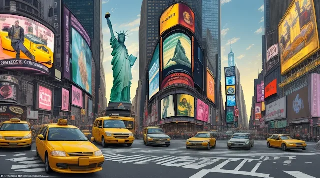 Explore the vibrant energy of New York City, featuring bustling streets, the Statue of Liberty, and the bright lights of Times Square in the distance.