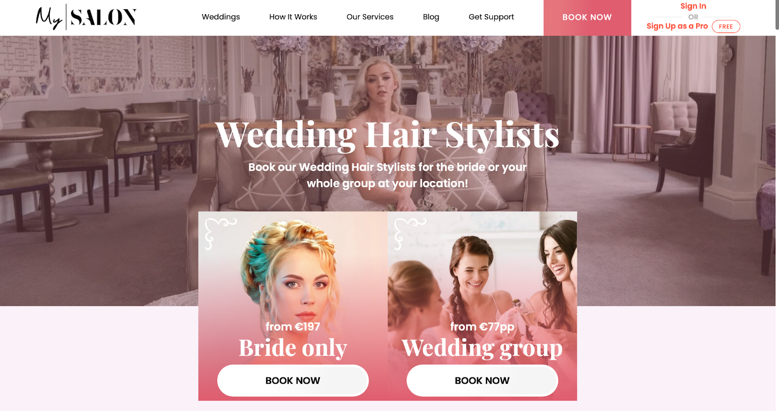 A screenshot of a wedding package on a salon website.